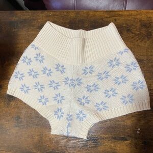 Cozy Beige Knit Shorts with Blue Snowflake Pattern